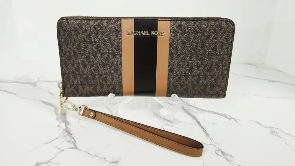 Michael Kors Jet Set Travel Continental Wristlet Wallet Brown Acorn Stripe